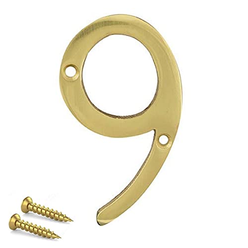 Image of TERF® 3 Inch (75mm) Brass Polished Finish Screw Fix Front Door Number '' 9 '' Mailbox Hotel House Door Number Suitable for All Door Types Wooden, u PVC and Composite With Fixing Screw [ Number - 9 ]