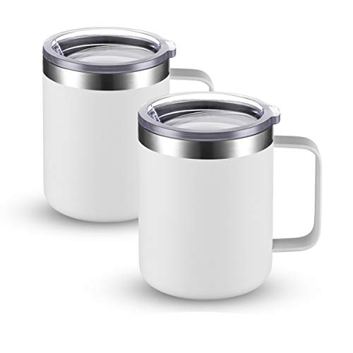 CIVAGO Stainless Steel Coffee Mug Cup with Handle 12 oz Double Wall Vacuum Insulated Tumbler with Lid Travel Friendly White 2 Pack