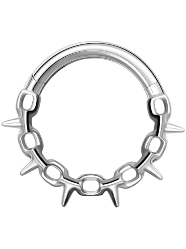 Titanium Septum Ring Daith Hoop 16G ASTM F136 Surgical Titanium Spiked Chain Nose Piercing Jewelry for Men Women, 8mm 10mm, Silver Gold, Hypoallergenic Clicker
