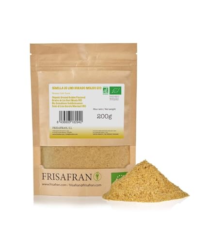 FRISAFRAN | Semilla de Lino Dorado Molida Ecológico 200g | Superalimento Organico | lino dorado | Semillas de lino marrón | Ácidos grasos | Fuente Natural de Fibra | Omega 3 | 100% Vegano | Sin Gluten