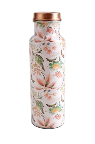 Image of pure Copper Water Bottle White Floral Design Leakproof Ayurvedic Drinking Bottle for Home Office Gym Travel for Health Benefits Elegant Finish