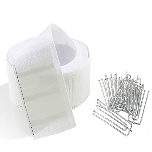 MJMP Pleat Tape for Curtain Heading Vintage Style Small Size with 10 Pcs Stainless Steel 4 Prong Curtain Pleat Hook Clip (6Yard 10 Pack White)