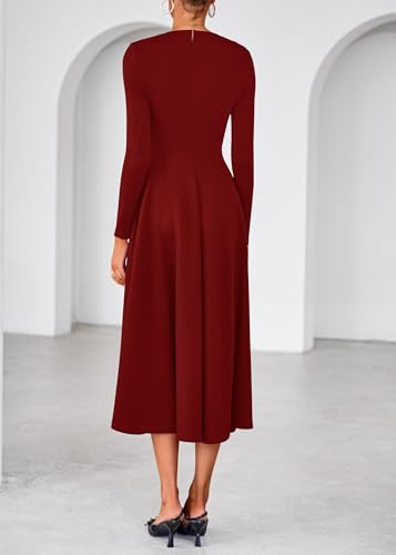 Lazysmile Long Sleeve Fall Dresses for Women Square Neck A Line Flowy Casual Elegant Wedding Guest Party Maxi Dress Wine Red — view 2