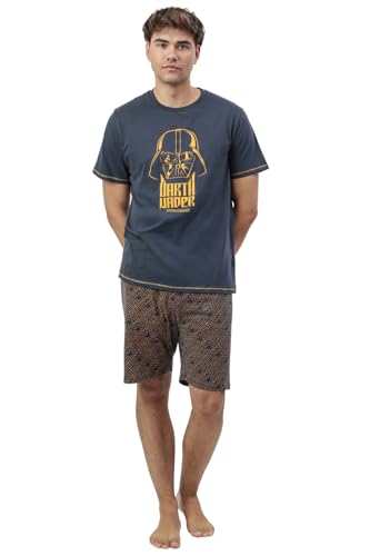 Star Wars Pijama Hombre Yellow Darth Vader de Algodón con Manga Corta Cuello Redondo Pantalón Corto Detalles en Relieve y Diseño de Verano Color Cobalto Talla L