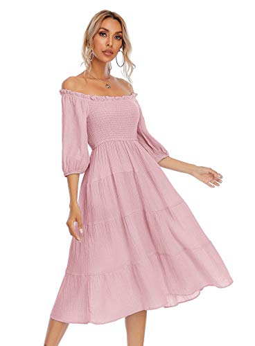 Image of R.Vivimos Women's Summer Cotton Lantern Sleeves Ruffled Off Shoulder A-Line Midi Dresses