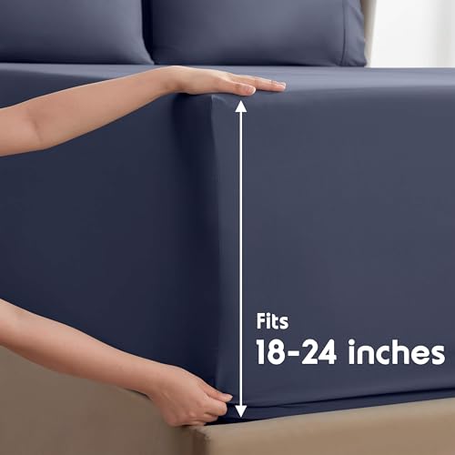 Image of Nestl Extra Deep Cal King Sheet Set - 6 Piece Breathable & Cooling Sheets - Hotel Luxury Bedding Set w /18-24 Inch Deep Pockets - Easy & Secure Fit - Super Soft, Wrinkle Free & Comfy - Navy Blue