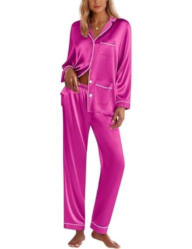 Image of Ekouaer Pajamas for Women Silk Satin Button Down Long Sleeve Pajama Sets