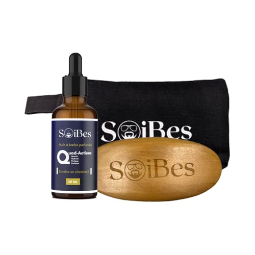 Pack kit soin barbe homme SoiBes - Huile à Barbe 50 ml Quad-Action Vitamine E + Brosse à Barbe + Trousse de Voyage - une Barbe Douce et Soignée pour Homme Moderne et Nomade