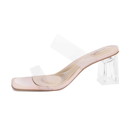 Image of vivianly Women Clear Low Block Heels Transparent Sandals | Square Open Toe Chunky High Heels Slip on Heeled Sandals Mules Slide for Party Wedding Dress Shoes