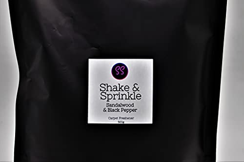 Sándalo y pimienta negra perfumada Shake & Sprinkle, ambientador de alfombra fuerte, 500 g.