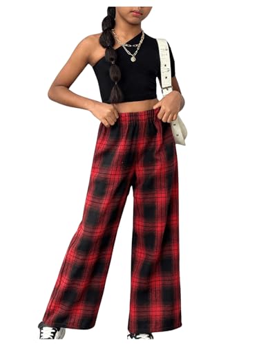 Image of SHENHE Girl's Plaid Pants Elastic Waist Loose Buffalo Plaid Straight Leg Pants