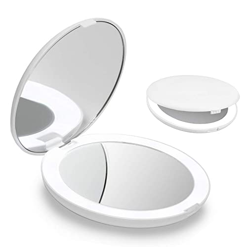 ミラー 鏡 10倍拡大鏡付 両面コンパクトミラー 拡大ミラー 両面化粧鏡 メイクミラー 携帯ミラー 折りたたみミラー 角度調整可 ホワイト
