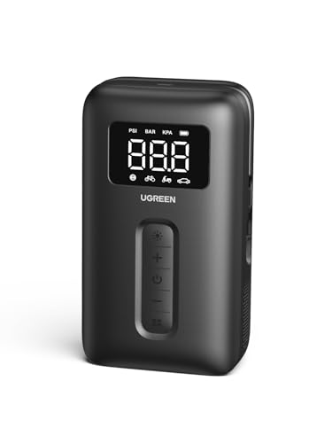 Auxilio Vial, Tools UGREEN Compresor de Aire Portátil para Auto, Inflador de Llantas 150PSI, Bomba de Aire Automática para Bicicleta Auto con Batería 5000mAh, Pantalla con LED,...
