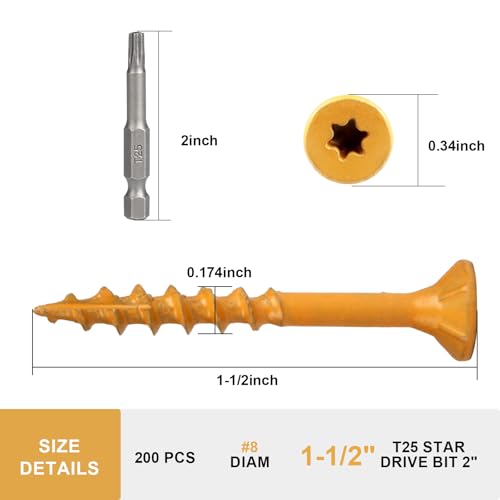 Fmjdnls Deck Screws 1-1/2 Inch, Wood Screws #8×1-1/2, 200 Pcs, Tan Rust Resistant Epoxy Coated, Outdoor Decking Screws, Torx/Star Drive Head Deck Screw, T25 Star Bit Included, for Timber, Fence - Image 2