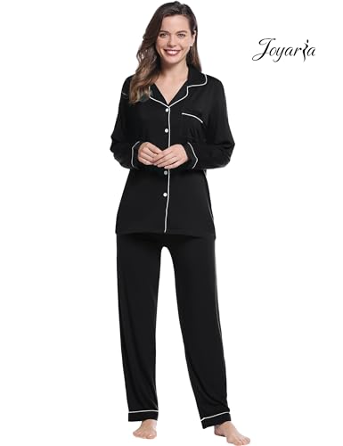 Image of Joyaria Women's Cooling Bamboo Viscose Pajama Set Long Sleeve Button Front | Hot Sleeper Comfort . Cooling Relief . Lightweight Feel for Sleeping & Lounging