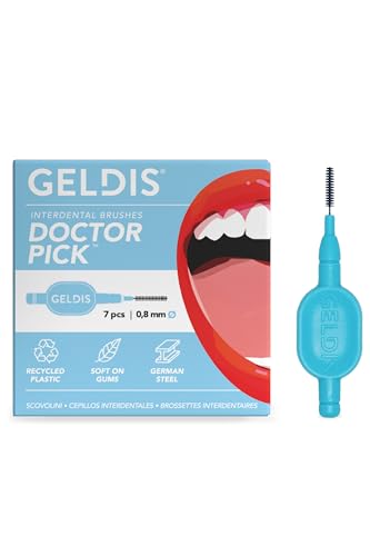 GELDIS Scovolini Dentali Doctor Pick - Scovolino Interdentale per Pulizia Denti, Scovolino Denti per Igiene Dentale, Rimuovi Tartaro Denti, 7 pezzi - Con Cappuccio (Azzurro, 0,8mm)