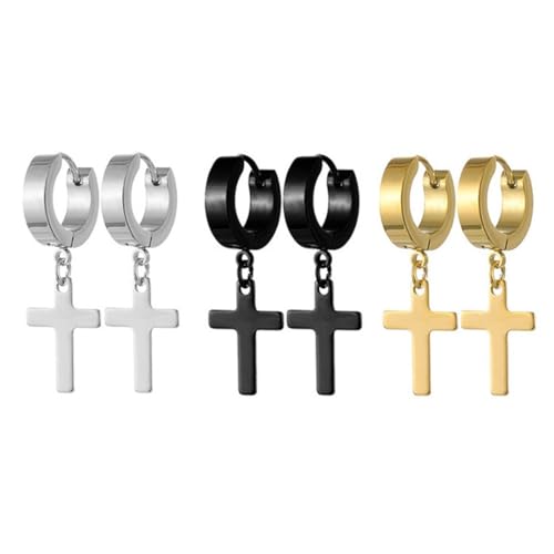 3 Paires Boucles Croix Oreille Acier Inoxydable Créoles Piercing Cartilage Noires Boucles d'oreilles Croix Boucle d'oreille Croix Boucle Doreille Homme...