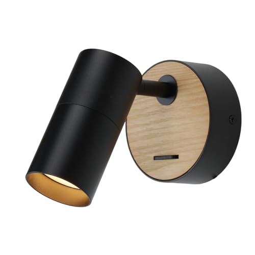 Aplique de Pared PORTO – Estilo Nórdico e Industrial Retro Negro con Frontal de Madera Natural, Interruptor Integrado y Foco GU10 LED Orientable