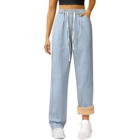 FGUUTYM Fleece Lined Jeans Women High Waist Wide Leg Jeans Thermal Fleece Denim Trousers with Pockets Palazzo Trouser Flannel Sherpa Lined Warm Denim Jean Winter Warm Boyfriend Jeans M-3Xl Light Blue Cover
