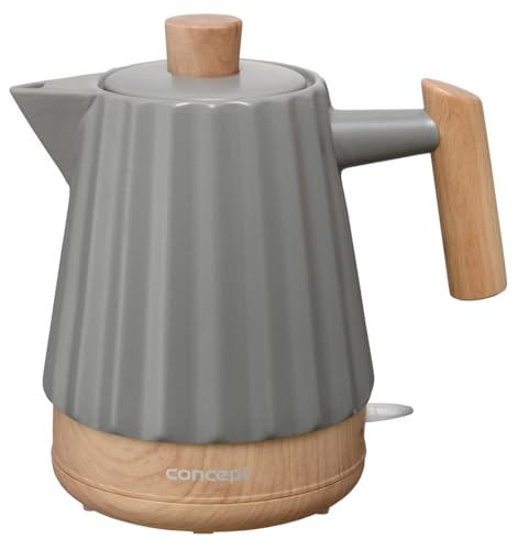 Concept Birdy RK0092 Bouilloire en céramique, 1,5 l, élégante, blanche, avec détails en bois, 1500 W, technologie STRIX, triple sécurité, économie d'énergie, facile d'entretien