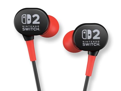 Power A Auriculares con Cable Nintendo Switch 2 - Negro, con Licencia Oficial, transductores de 8 mm, diseño intraauricular, 3 Almohadillas, Incluye Bolsa de Almacenamiento
