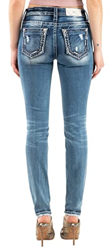 Miss Me Women's Mid-Rise Metallic Border Embellished Skinny Jeans with Freyed Hem