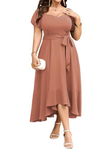 SCOMCHIC Women's Plus Size Dress for Cocktail Wedding Guest Sweetheart Neckline Formal Belted Maxi Dress with Pockets Pink