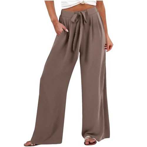 Pantalones pierna ancha Mujeres Largos sueltos con vendaje Cintura sólida bolsillo Pantalones Casuales elástica3
