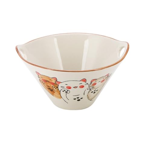 uuClub 【両手付き 深めデザイン】 陶器 ラーメン丼 汁なし麺 専用 麺碗 2つの穴あき 手描き 和風 おしゃれ 丈夫な陶磁器 直径約20cm 電子レンジ対応 (C)