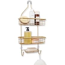 Gold Shower Caddy Hanging Organizer | Rustproof Bathroom Shelf with Hooks & Basket Storage | Over Showerhead Caddy for Shampoo, Soap, Towels | Sleek Bathroom Organizer | Gold
