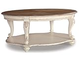BOWERY HILL Oval Coffee Table, Chipped White and Brown Finish, Wood and Veneers, 48.13 in x 34 in, Antique Two-Tone Style, Fixed Lower Shelf, Classic Cottage Design Living Room Table