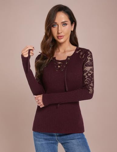 Image of AmelieBoutik Women Floral Lace Inset Lace Up Ribbed Long Sleeve Knit Top