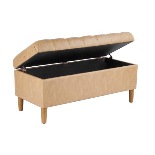 Image of HomePop 40 inch Button Tufted Storage Bench with Cone Wood Legs - Sand Faux Leather