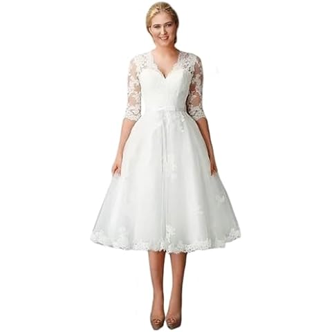 Elegant Sheer Tulle Short Wedding Dresses for Bride White Lace Applique Modest Bridal Shower Dress for Women Knee Length Ruffle Half Sleeve Formal Gown Button Up Back US16 Cover