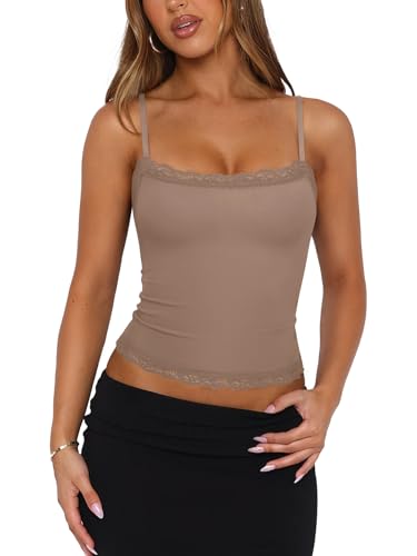 PINKMSTYLE Women Fitted Cami Top Square Neck Spaghetti Strap Tank Tops Slim Double Lined Sleeveless Y2k Going Out Cute Top Taupe Small — view 2