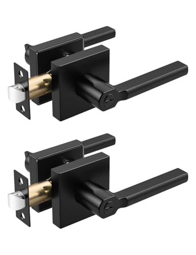 Tinewa 2 Pack Square Privacy Matte Black Door Levers Locksets, Bed/Bath Door Levers Keyless Interior Handles, Reversible for Right & Left Sided Doors Modern Style