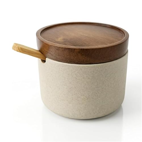 Sukizifa Salt Pig Ceramic Jar with Lid and Spoon Seasoning Container for Salt Sugar and Spices Kitchen Storage Pot for Countertop and Table