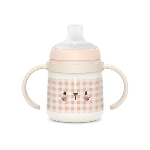 SUAVINEX, Vaso Aprendizaje Bebé, Biberón con Asas que Brilla en la Oscuridad, con Boquilla Antiderrame de Silicona y Válvula Anti-Cólico, para Bebés +6 Meses, Ideal para Usar por la Noche, Rosa