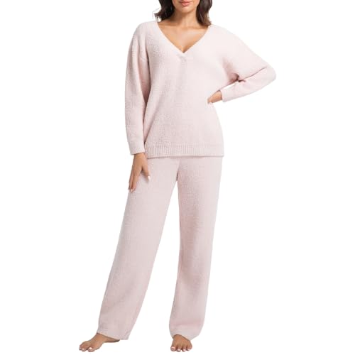 2 Piece Fleece Pajamas for Women Sets V-Neck Outfits Sweater Womens Long Sleeve Fuzzy Loungewear Pajama Set