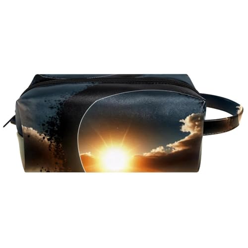Neceser de viaje para mujer, bolsa de maquillaje de piel de microfibra con cremallera, eclipse solar sobre montaña, multicolor, 8.2x3.1x3.5 in/21x8x9 cm, Neceser