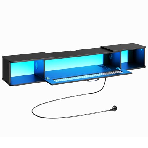 HOOBRO 140 cm TV-Schrank hängend mit Steckdosen, TV-Lowboard mit 3 Steckdosen 2 USB-Anschlüssen, wandmontierte Unterhaltungskonsole mit LED-Streifen, für Fernseher bis zu 65 Zoll, Schwarz EBK34CDDS01