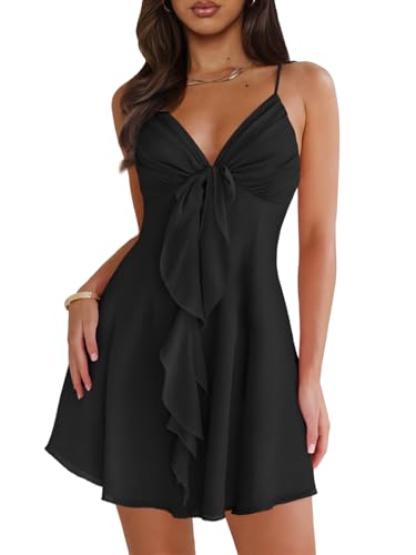 MIYIEONZ Women Sleeveless Sexy V Neck Summer Dress for Women Casual Flowy Beach Club Party Spaghetti Strap Mini Sundress Medium Black Short Dresses