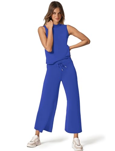 Image of SAMPEEL Two Piece Sets for Women Summer Outfits Lounge Sets Mock Neck Tops Wide Leg Crop Pants Vacation Travel Outfits
