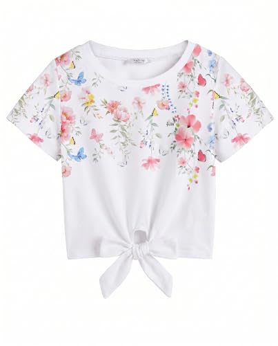 Image of Arshiner Girls Short Sleeve Shirts Tie Knot Front Tops T Shirts for Kids Crewneck Cute Casual Tie Dye Tee Blouse