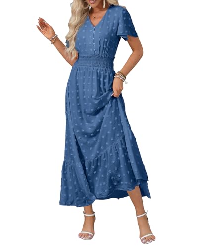 Image of Women Maxi Dresses Boho V Neck Swiss Dot Ruffle Summer Short Sleeve High Waist Tiered Flowy Smocked Cocktail Dresses