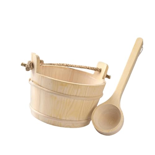Cubo y cucharón de madera natural de 4L con acabados premium para equipamiento de spa exclusivo