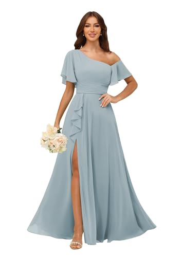 Image of One Shoulder Bridesmaid Dresses for Women with Pockets Short Sleeve Ruffled Chiffon Formal Evening Gowns