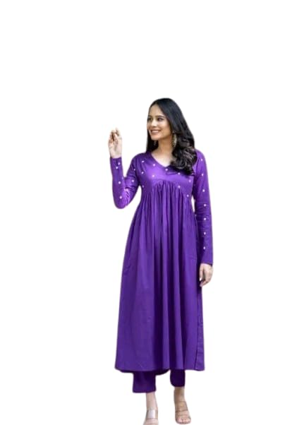 Image of Women's Long Kurta Set with Pant Polka Dots, Embroidered, V-Neck Empire Waist, Full Sleeves