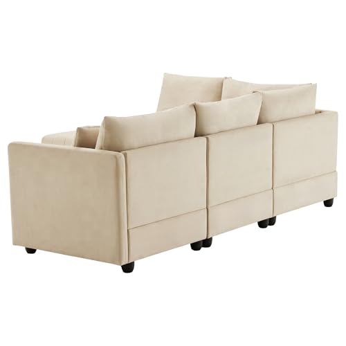 Merax Ecksofa Modulares 5-Sitzer Sofa mit multifunktionalem Fußhocker (L/U-Form), Atmungsaktive Baumwolle-Leinen-Kombi, Modernes Vertikalstreifen-Design Premium Komfort, Raumsparend & Wandelbar, Beige