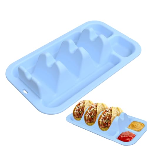 Soporte para tacos, bandeja de silicona para servir tacos con 3 ranuras, 10.79 x 6.38 x 2.48 pulgadas, compacto y apilable, estante reutilizable para tacos para uso familiar, boda, bufé, fiesta, gris